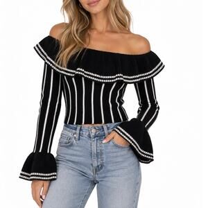 Olive Scent Ruffle Striped Off the Shoulder Bell Sleeve Knit Sweater Top S